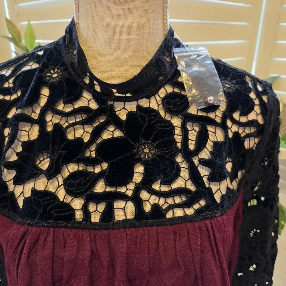 Free People Burgundy and Black Lace Blouse